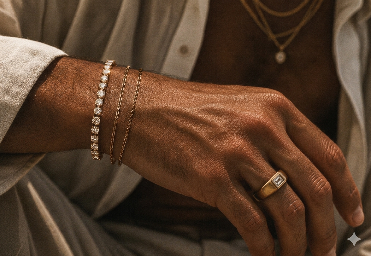 Close-up of a person's hand and wrist wearing jewelry, including a gold ring with a square diamond, two delicate gold chains, and a diamond bracelet. The person has a dark skin tone and is dressed in a light-colored, textured fabric and a dark shirt with a necklace.