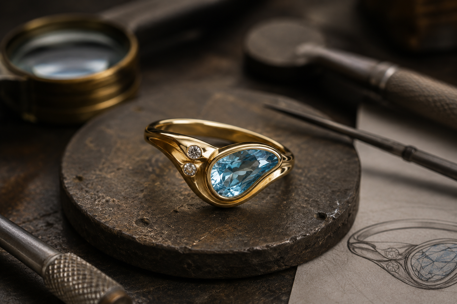 A gold ring with a large blue gemstone and two smaller diamonds rests on a round, rough surface, surrounded by jewelry tools and a drawing of the ring's design.