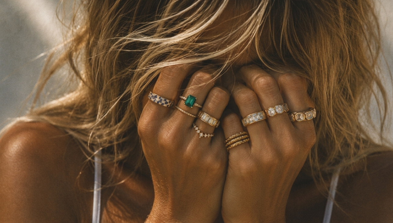 Close-up of a person with wavy blonde hair covering their face with their hands, showcasing multiple rings on their fingers.