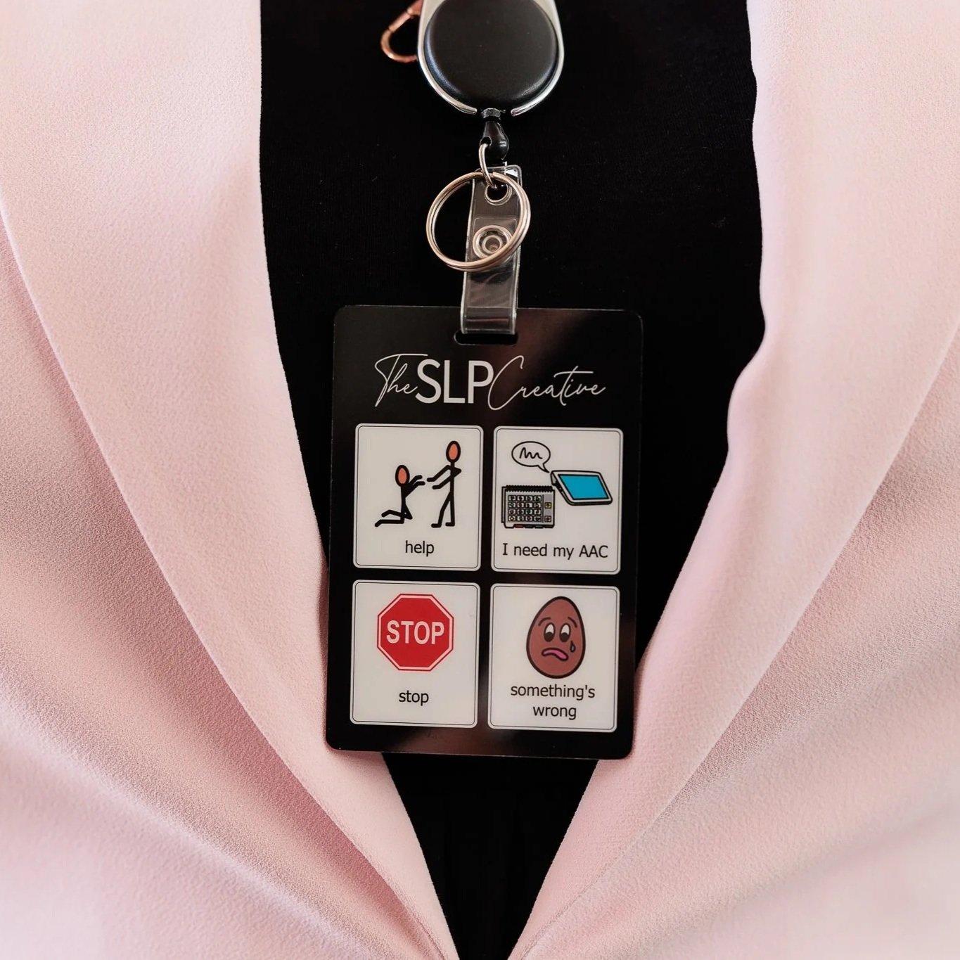 Close up of one side of communication lanyard card