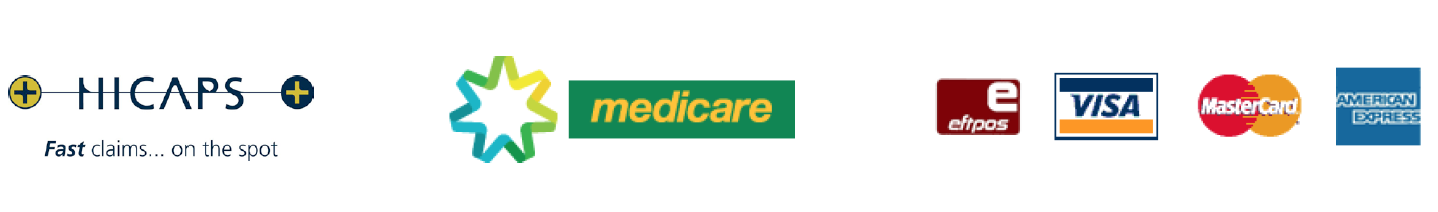 HICAPS logo with text 'Fast claims... on the spot' and icons of Medicare, eftpos, Visa, MasterCard, and American Express.
