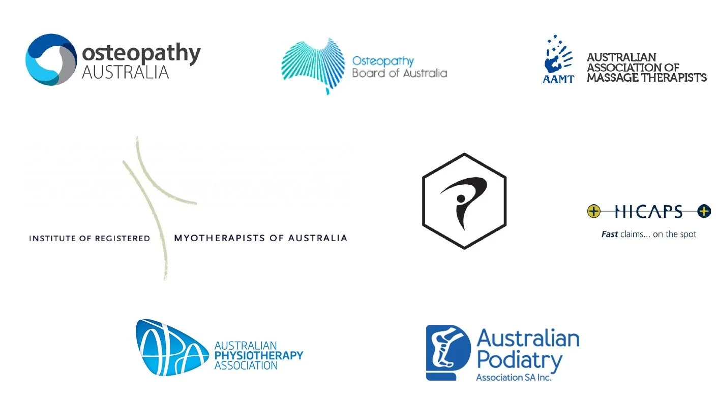 Collection of logos from Australian healthcare, including osteopathy, massage therapy, myotherapy, physiotherapy, podiatry, and claims verification organizations.