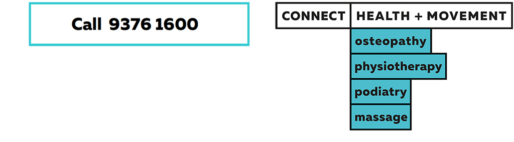 A health and movement services sign with a phone number and listed services: osteopathy, physiotherapy, podiatry, and massage.