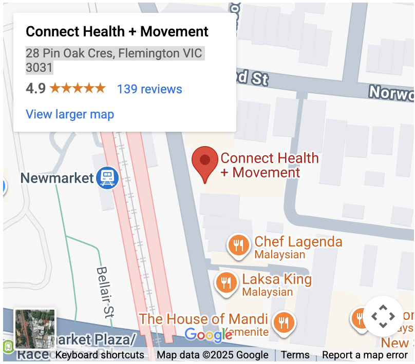 Map showing the location of Connect Health + Movement at 28 Pin Oak Crescent, Flemington VIC, with nearby landmarks including Newmarket train station, and nearby eateries such as Chef Lagenda, Laksa King, and The House of Mandi.