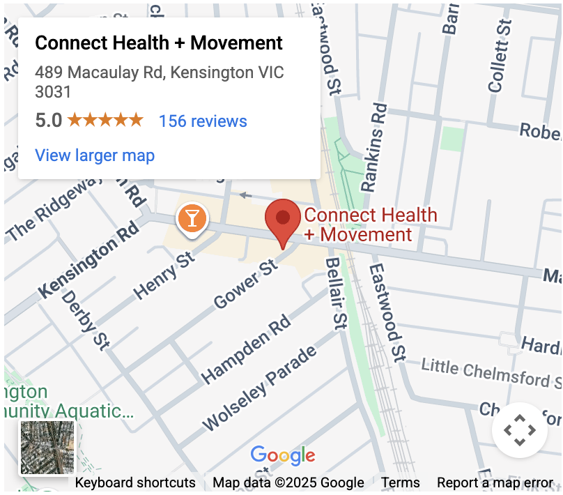 Map showing location of Connect Health + Movement at 489 Macaulay Rd, Kensington VIC 3031, with nearby streets and a review rating of 5 stars based on 156 reviews