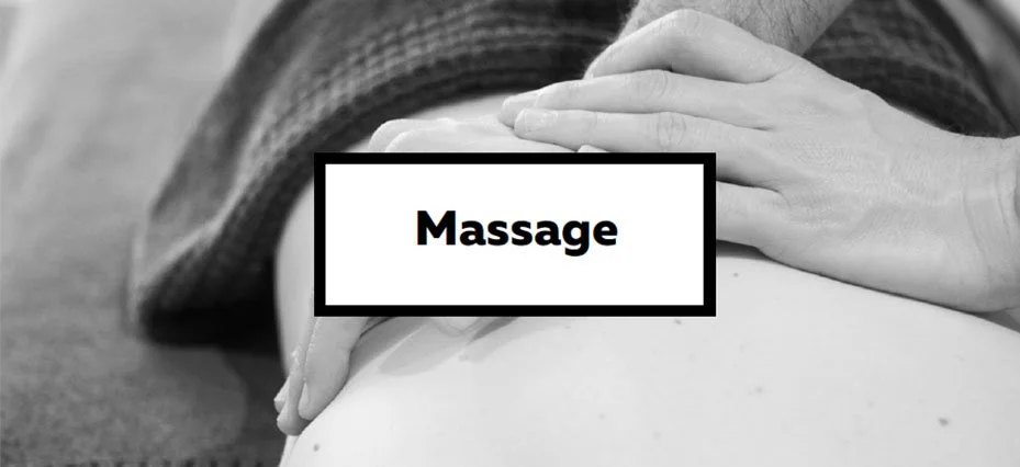 Close-up of hands performing a massage on someone's back, with the word 'Massage' overlaid in a black-bordered box.
