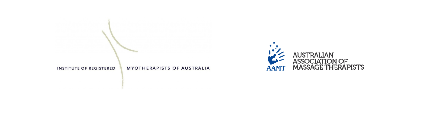 Logos of the Institute of Registered Myotherapists of Australia and the Australian Association of Massage Therapists, with stylized lines and stars.