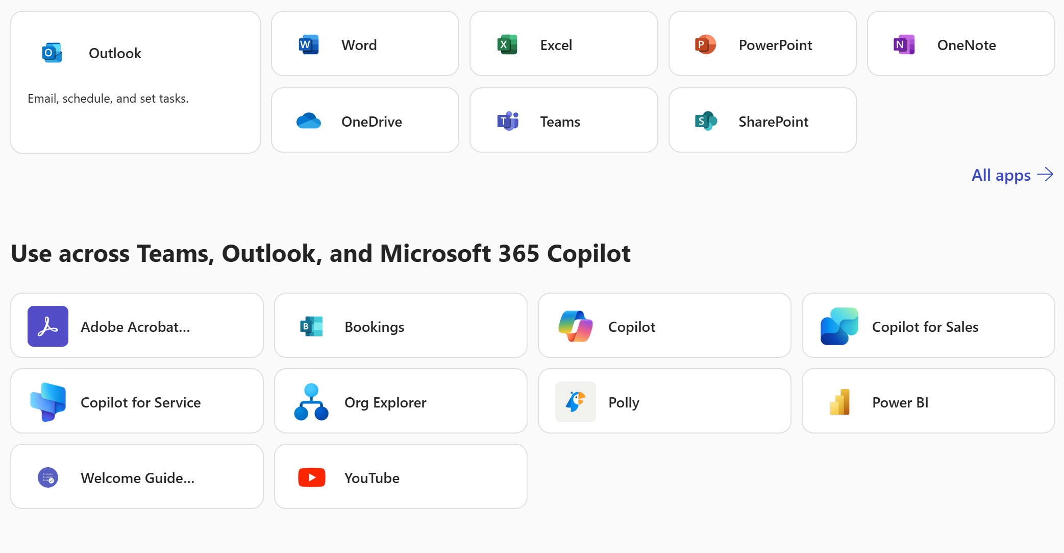 Screenshot of a Microsoft 365 dashboard showing icons and names for with all apps, including Outlook, Word, Excel, PowerPoint, OneNote, OneDrive, Teams, SharePoint, Adobe Acrobat, Bookings, Copilot, Copilot for Sales, Copilot for Service, Org Explorer, Polly, Power BI, Welcome Guide, and YouTube.