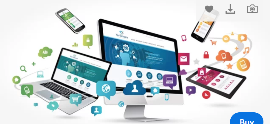 Illustration of various electronic devices including a desktop computer, laptop, tablet, and smartphones with floating icons representing cloud computing, security, messaging, shopping cart, and multimedia.