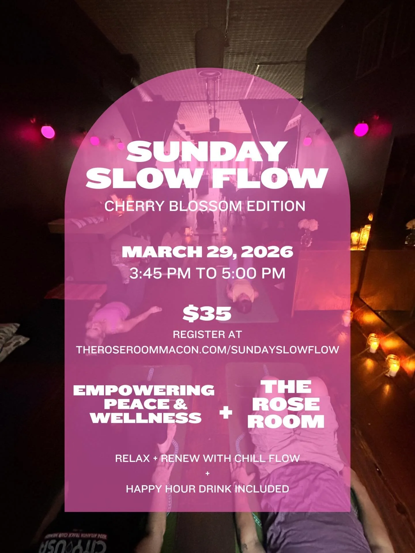 Come relax and flow with us after an exciting week of 🌸Cherry Blossoming🌸. We will meditate, practice, and have a happy hour (drink included)!

✨Sunday March 29, 2026✨
✨3:45-5:00pm
✨$35 

Signup link in bio or go to theroseroommacon.com/sundayslowf
