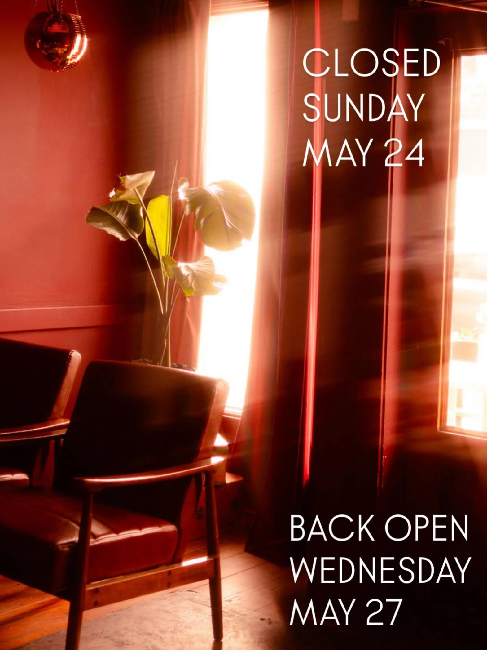 Taking a little holiday break today for Memorial Day weekend. Closed Sunday May 24. Back open regular hours Wednesday May 27 at 5pm.