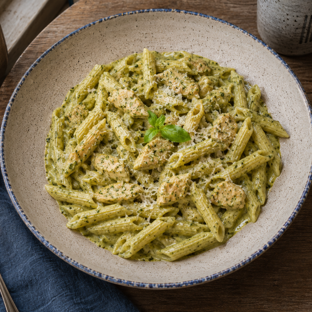 A bowl of pesto pasta with grilled chicken, grated cheese, and fresh basil on top.