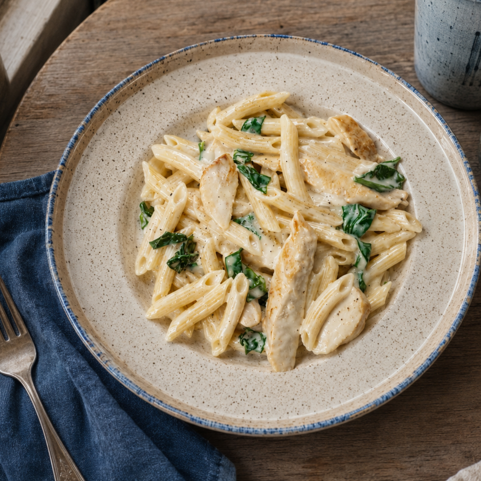 Creamy pasta with chicken and spinach on a beige speckled plate.