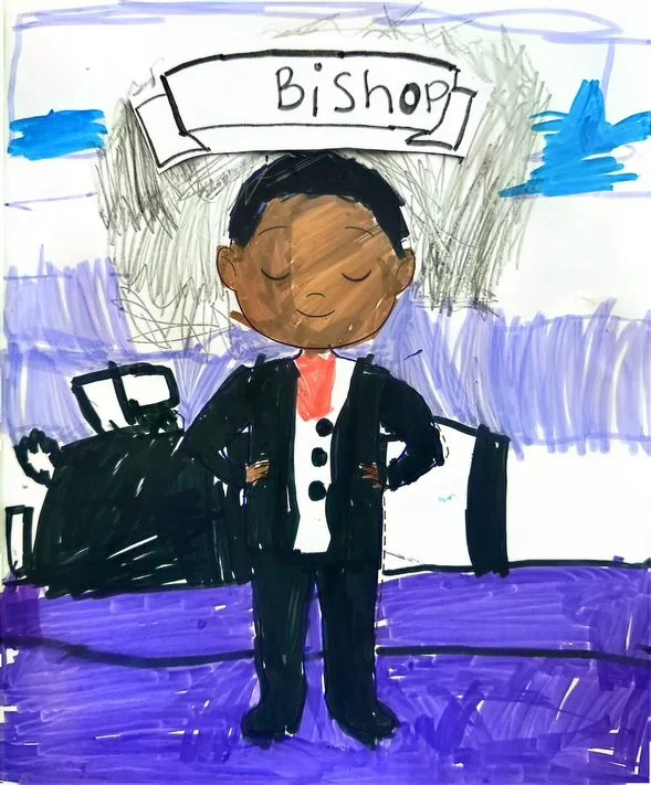 Children's drawing of Bishop Patterson in front of a purple background with luggage on the side, and a sign above reading "Bishop."