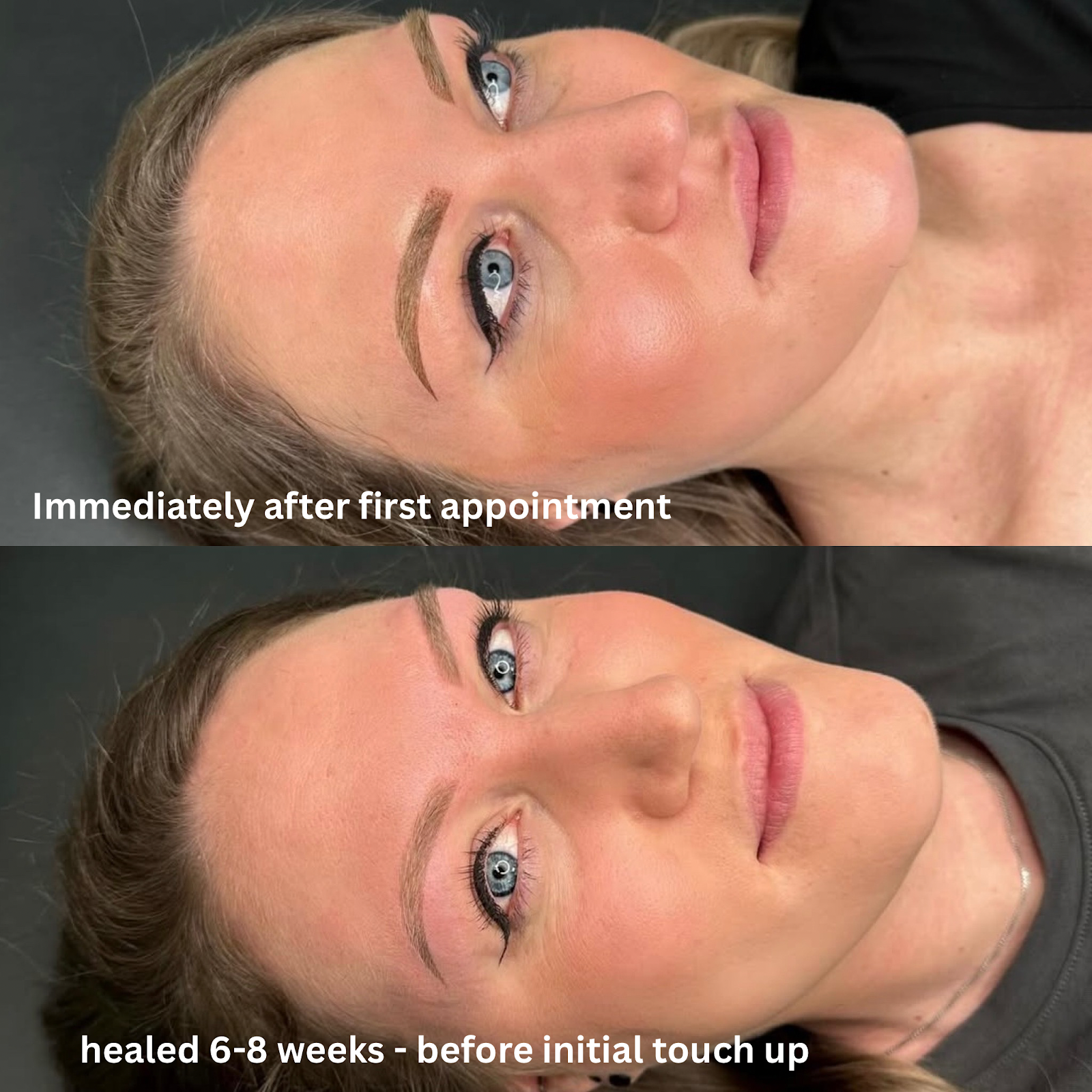 Before and after results of an ombré brow service at Studio M Aesthetics.