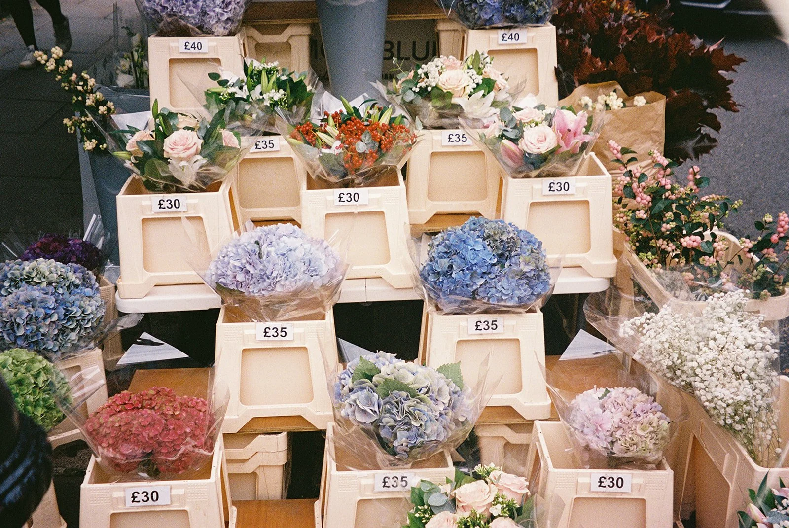 flower market of assorted pastel flowers in london chelsea 