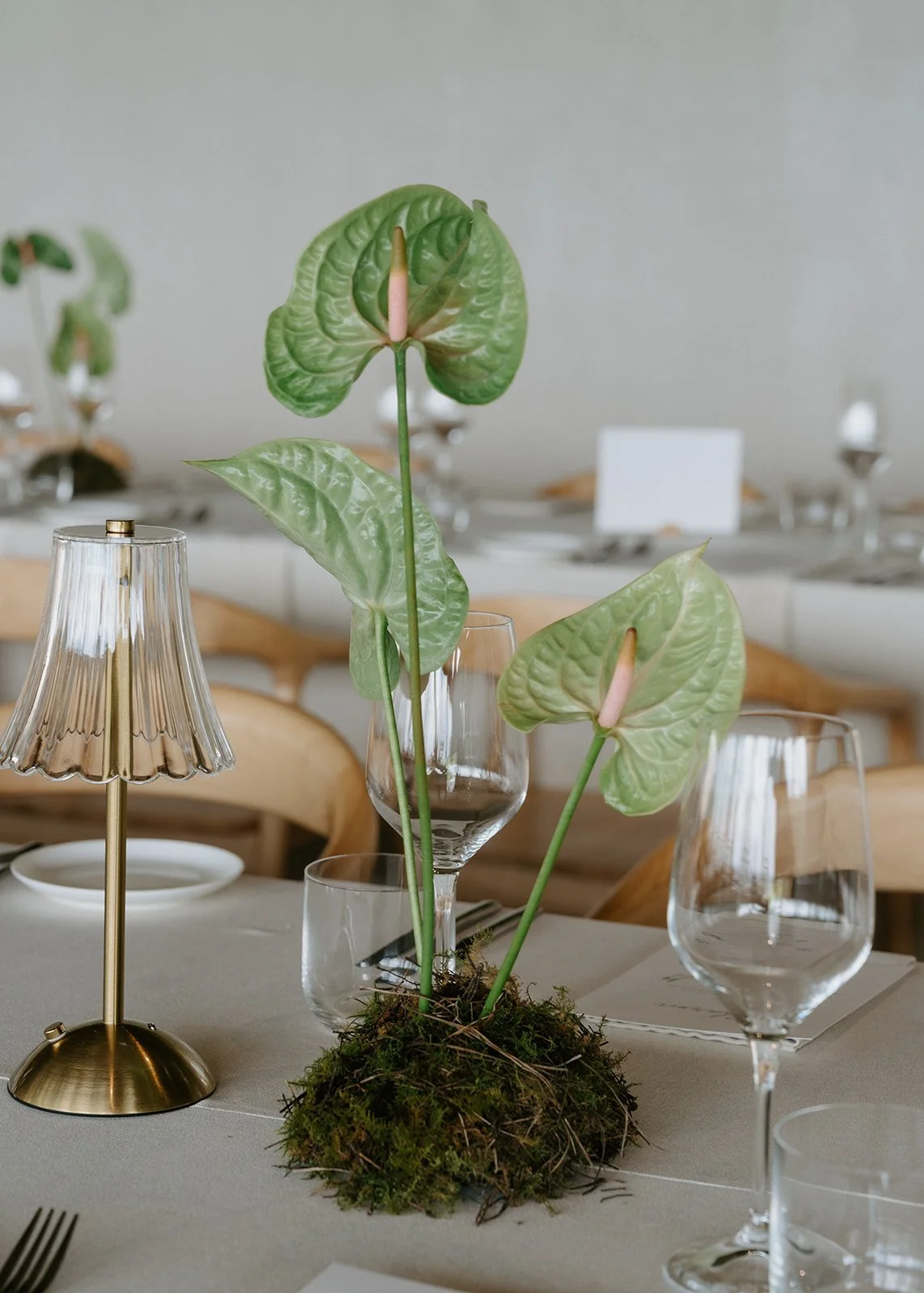 An indoor table setting decorated with a centerpiece featuring green anthurium plants with heart-shaped leaves, moss at the base, and surrounded by wine glasses and a brass lamp with a pleated shade.