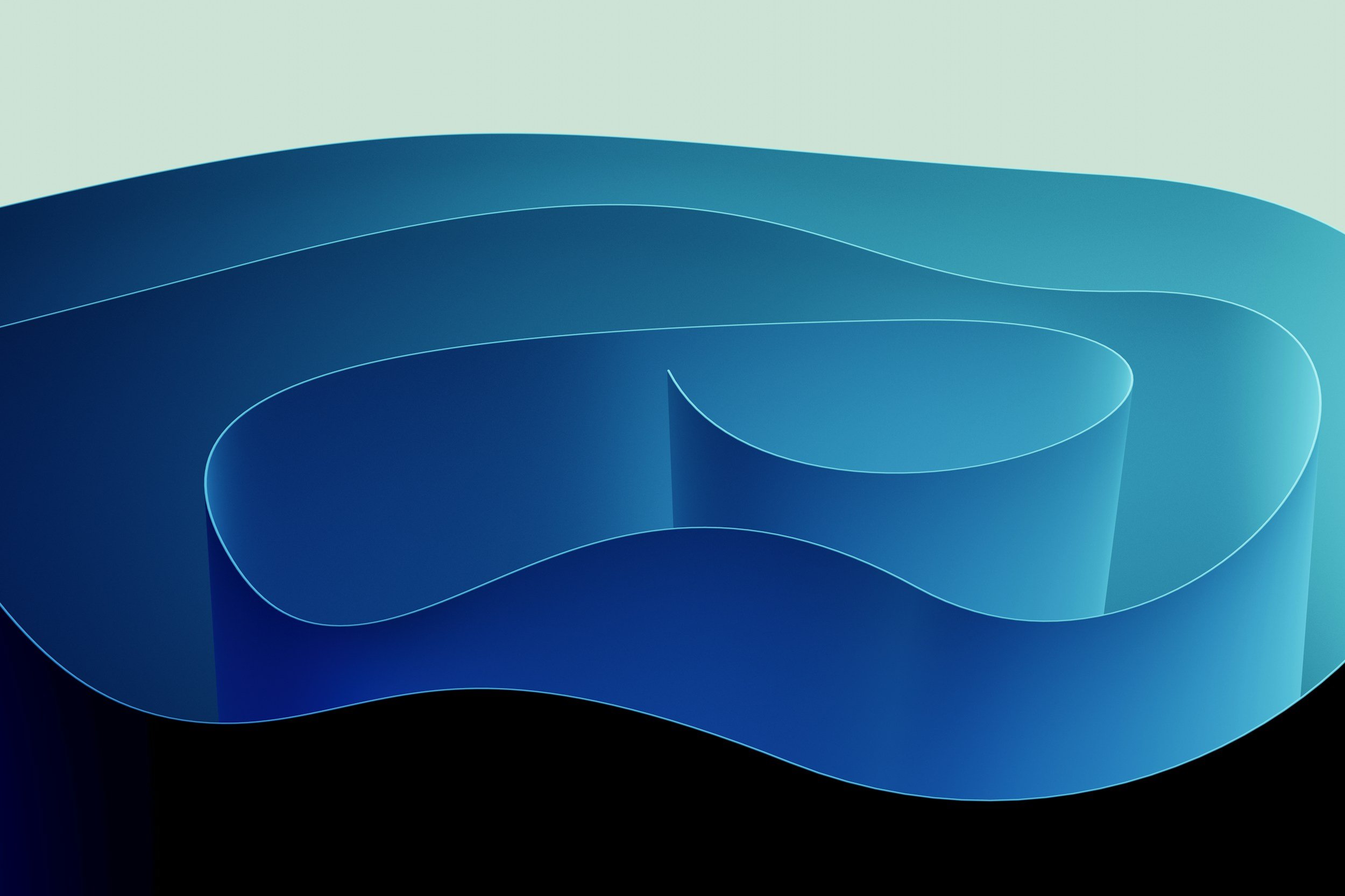 Abstract digital artwork with layered wavy blue shapes on a light background.
