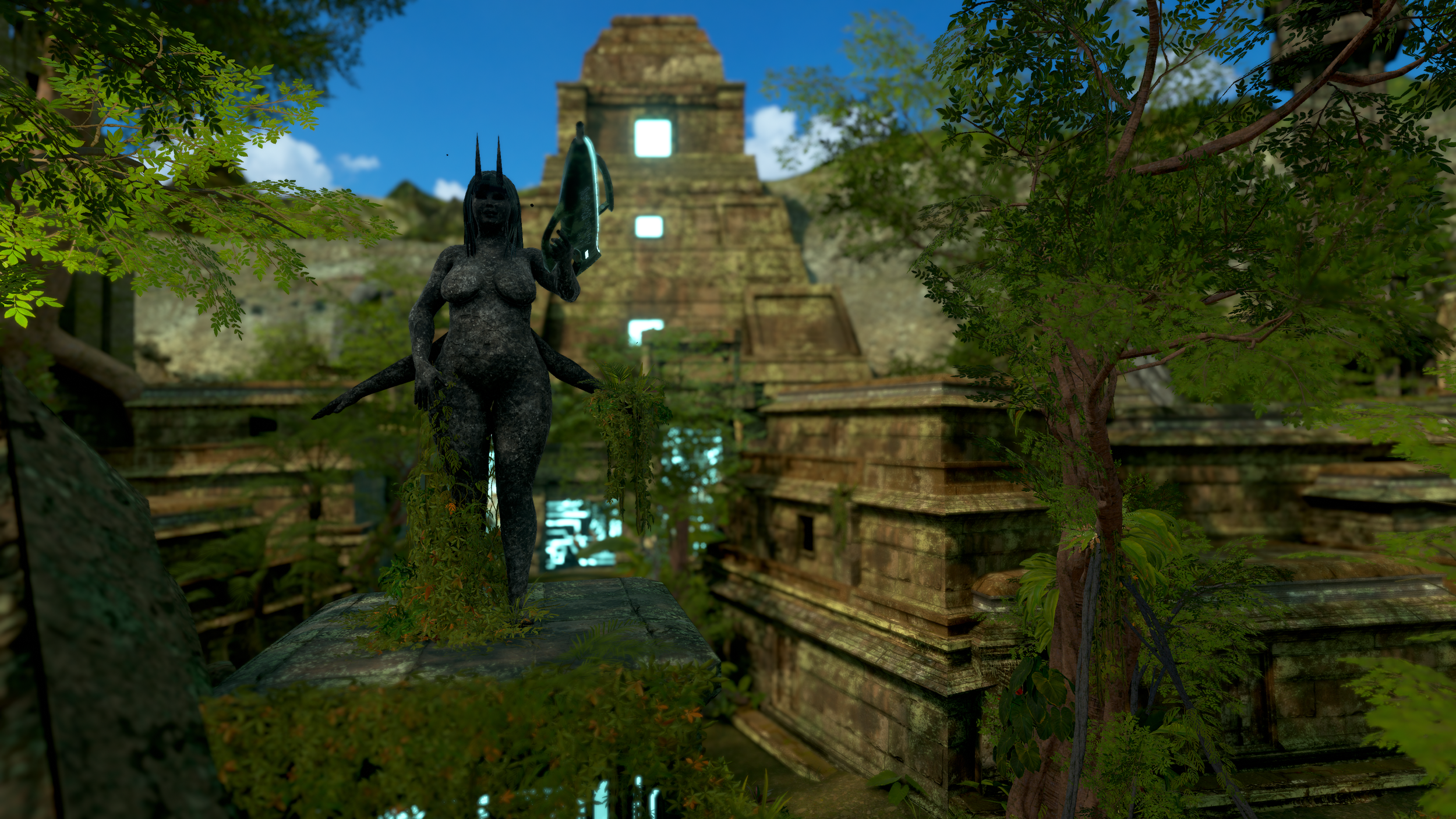 Statue of a female figure holding an object, set in an ancient jungle with ruins in the background and trees surrounding the scene.