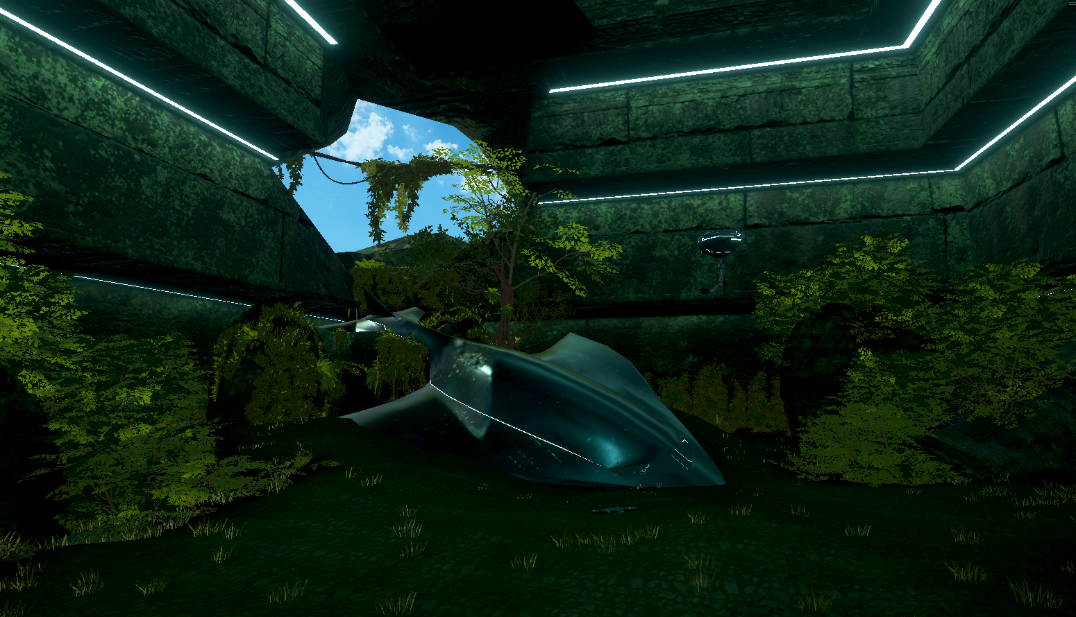 A futuristic scene with a crashed spaceship inside a glass enclosure, surrounded by greenery and illuminated by glowing white neon lines on the walls and ceiling.