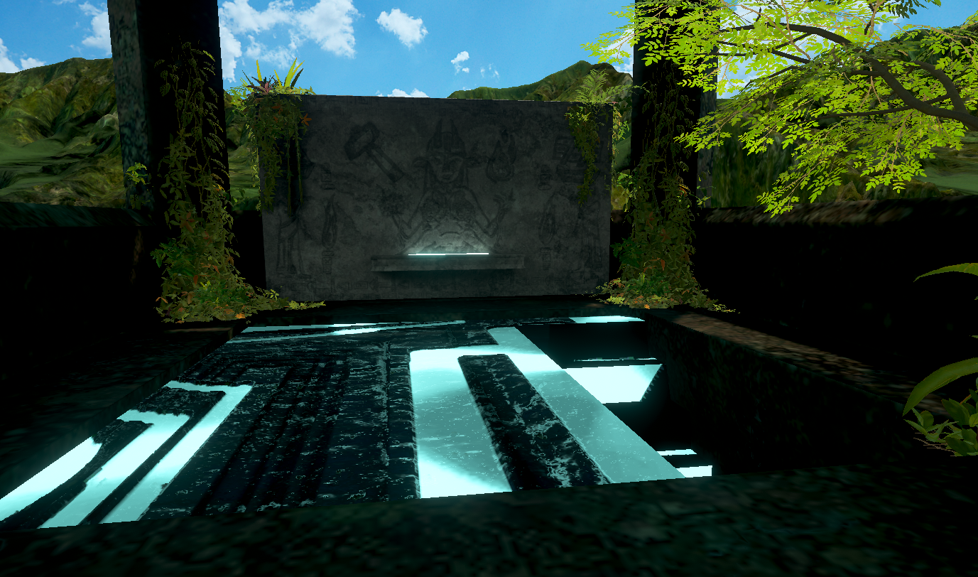 Ancient-looking stone structure with carved hieroglyphics, surrounded by greenery and misty mountains under a partly cloudy sky.