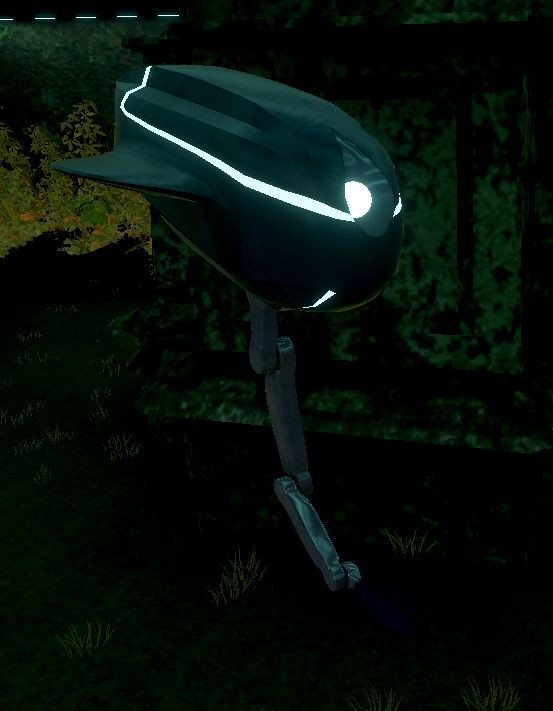 Futuristic robotic helmet mounted on a robotic arm outdoors at night.