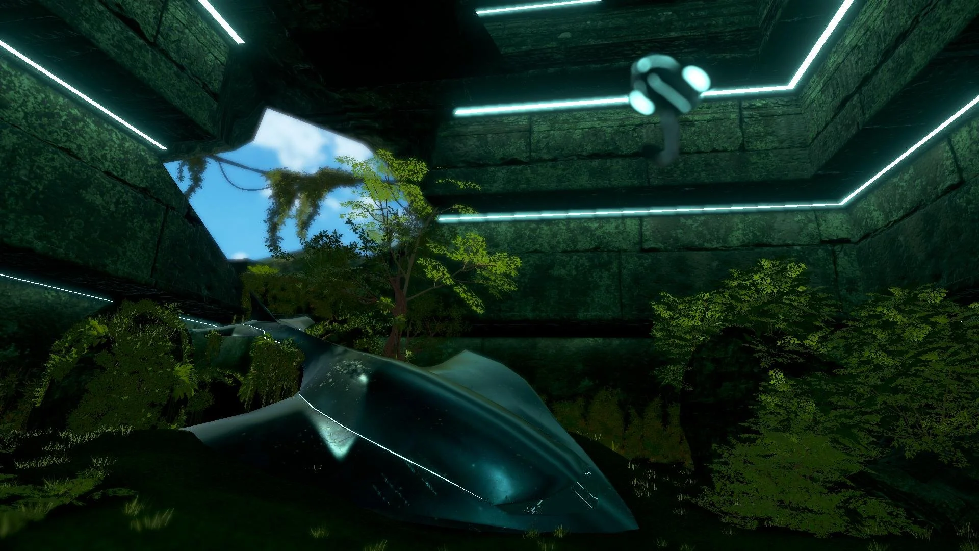 Futuristic spaceship crash site inside an underground cave with green plants, sunlit opening, and neon lights along the ceiling.