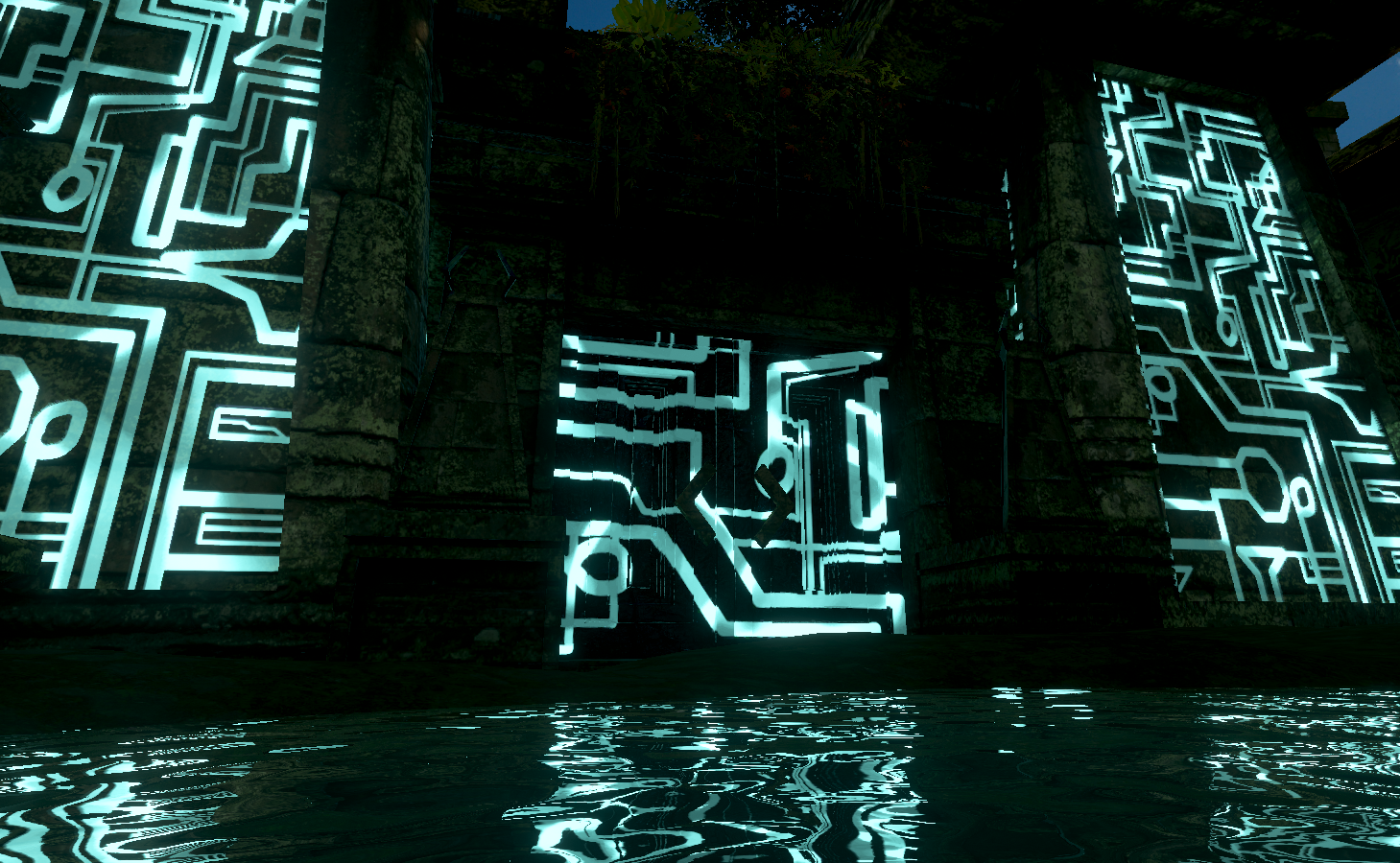 Ancient stone ruins with glowing circuit-like patterns illuminating the entrance and reflected in water on the ground.