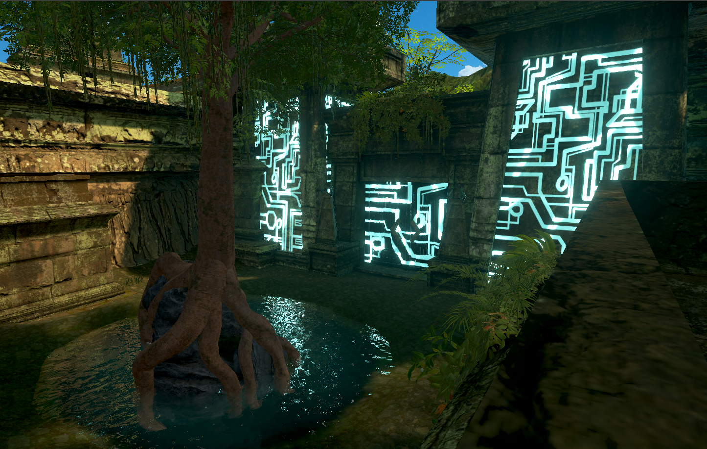 Ancient ruins with neon circuit-like patterns on the walls, a small pool, and a tree with roots extending into the water.