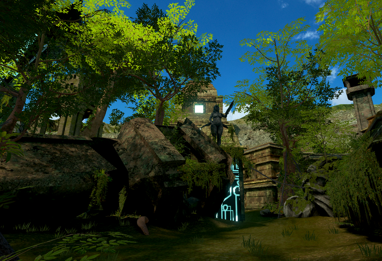 Ancient ruins covered in green trees with a digital glowing door at the bottom and a statue atop the ruins under a blue sky.