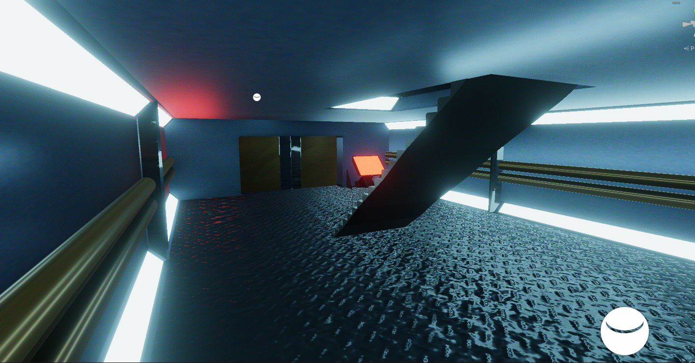 Interior of a futuristic building with textured black flooring, blue walls, illuminated white and red lights, a staircase, and elevators in the background.