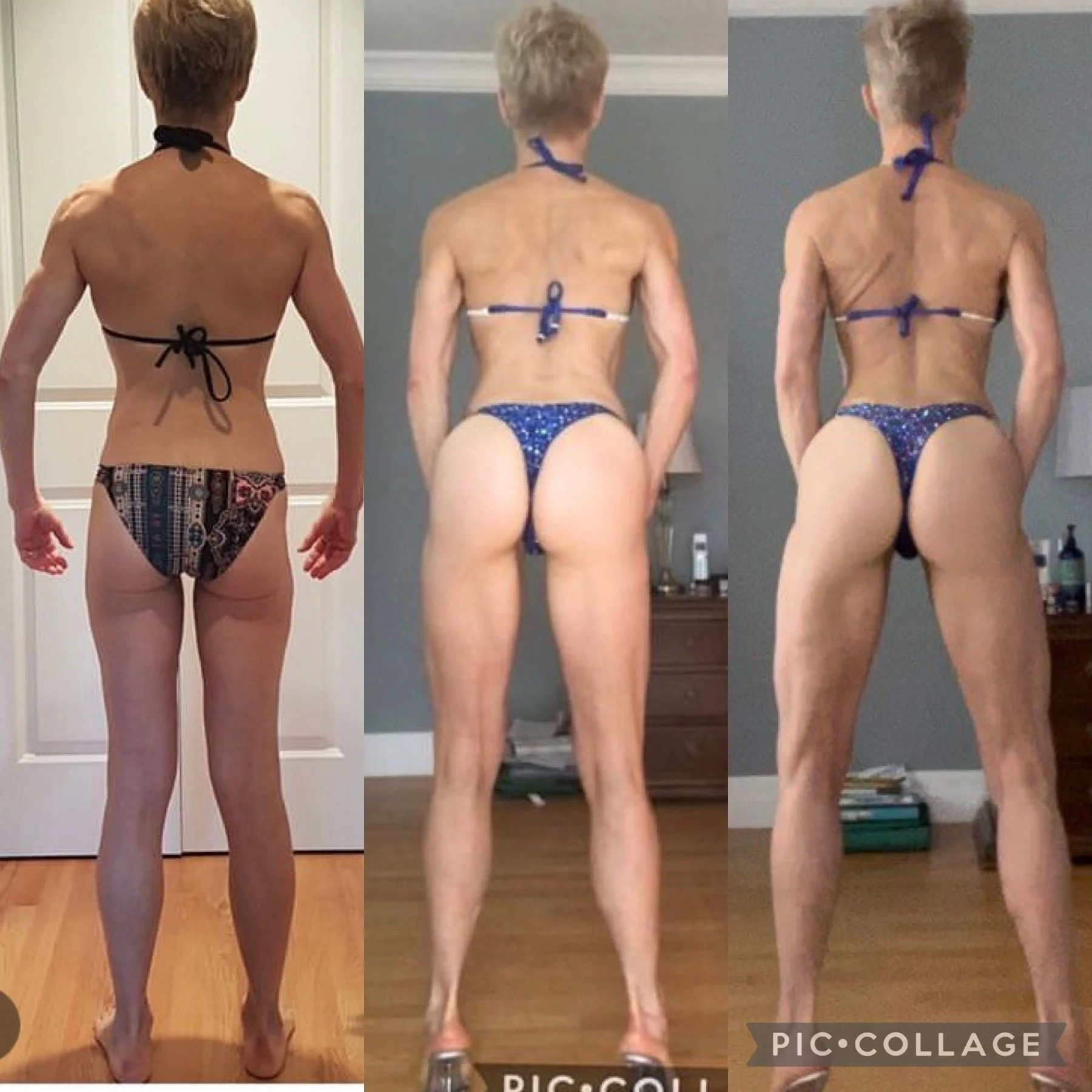 Comparison of three women in bikinis, showing different body transformations, viewed from the back.