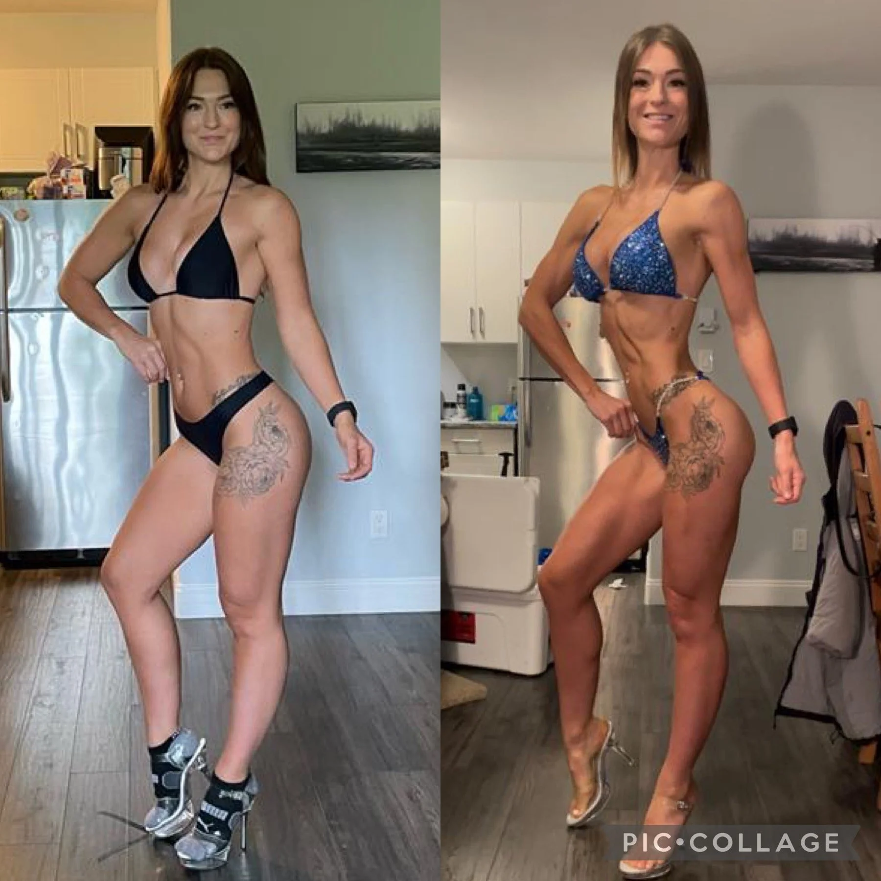 Two women in bikinis posing indoors, with kitchen backgrounds visible.