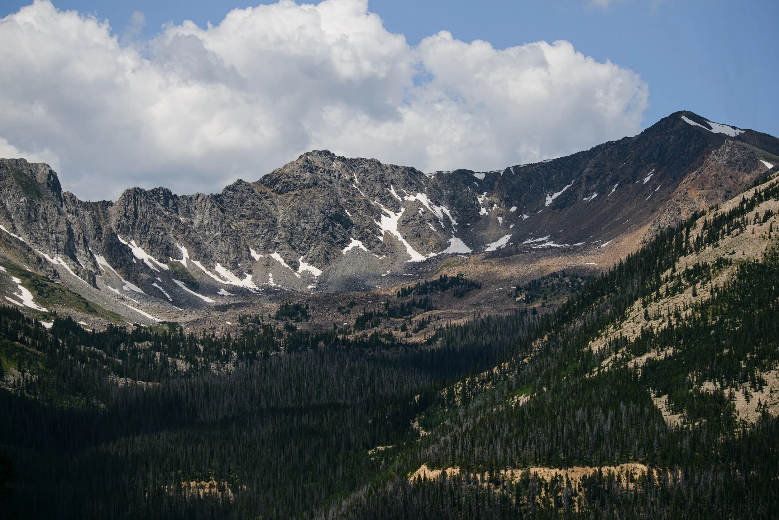 Mountain range with rocky peaks and patches of snow, forested slopes, and a partly cloudy sky.