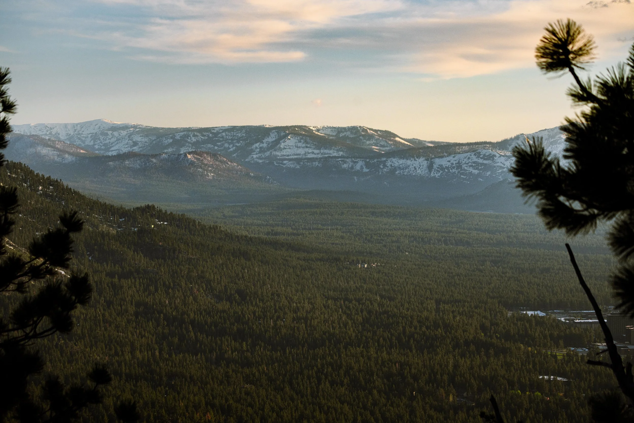 Landscape view of forested mountains with snow-capped peaks in the distance, in the foreground, pine trees partially frame the scene under a partly cloudy sky during daylight.