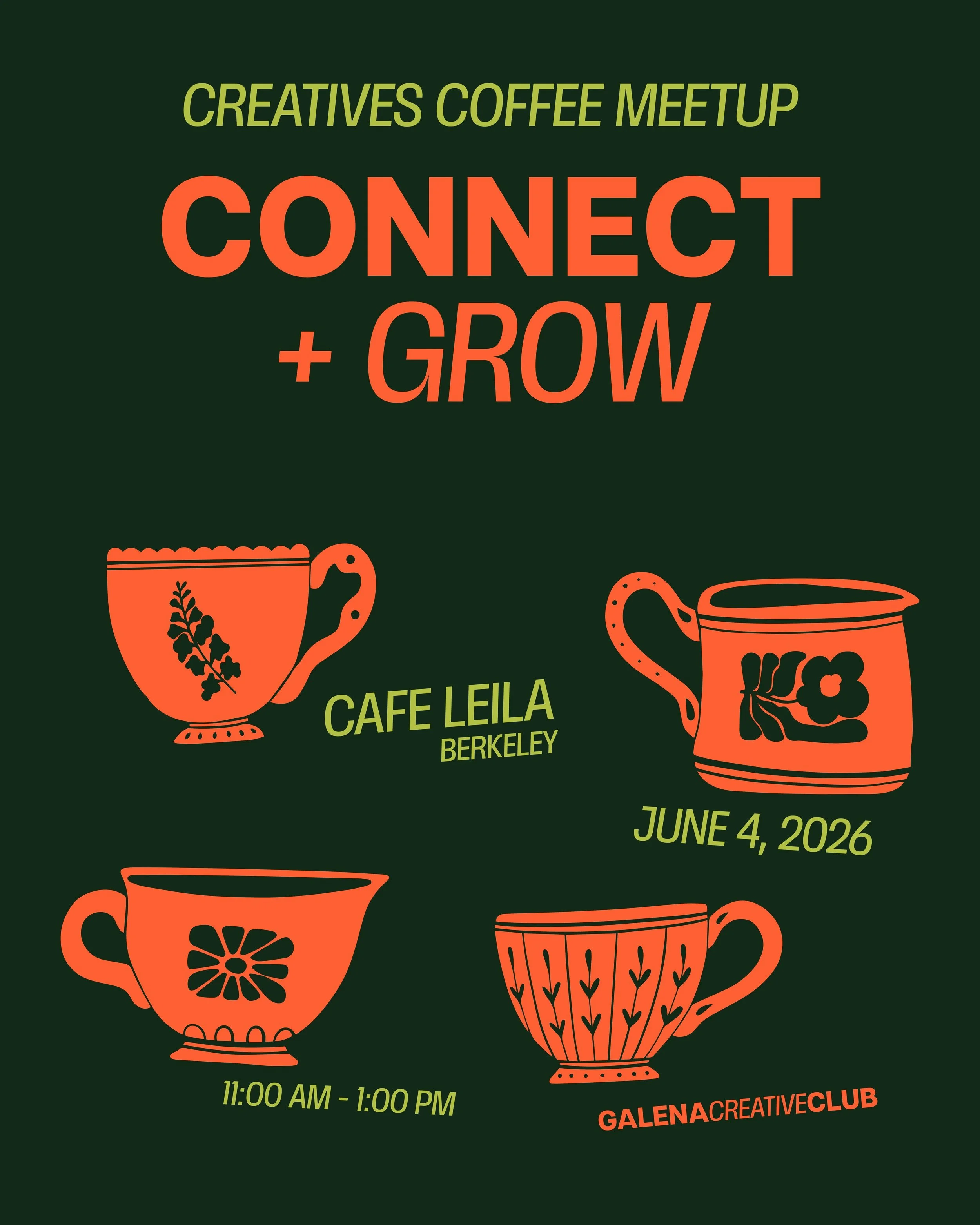 Not a fan of big, loud networking events? Same. ✿

This one's slow, small, and low-pressure. Come grab a coffee with us and a handful of creatives at Cafe Leila in Berkeley.

Perfect if your schedule is flexible and you've been looking for an intenti