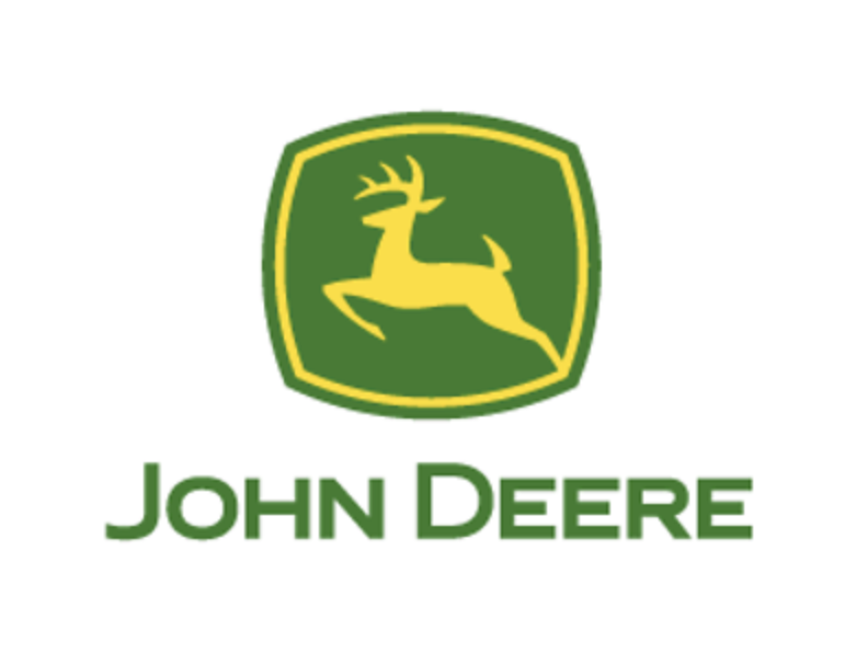 John Deere logo with green and yellow colors, featuring a leaping deer inside a shield shape.