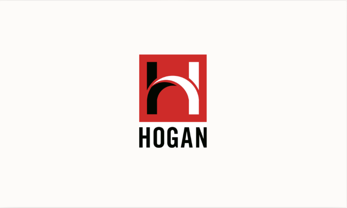 Hogan logo with a red background, a stylized black and white letter 'h', and the word 'HOGAN' underneath in black capital letters.