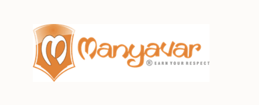 Manyavar logo with orange text and emblem on a white background.