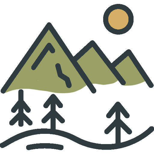 Illustration of mountains, trees, a sun or moon in the sky, and wavy ground or water.
