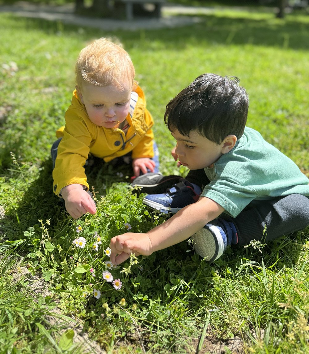 Two young children, a blonde girl in a yellow jacket and a dark-haired boy in a green shirt, are sitting on the grass outdoors, examining and picking small white flowers with yellow centers.