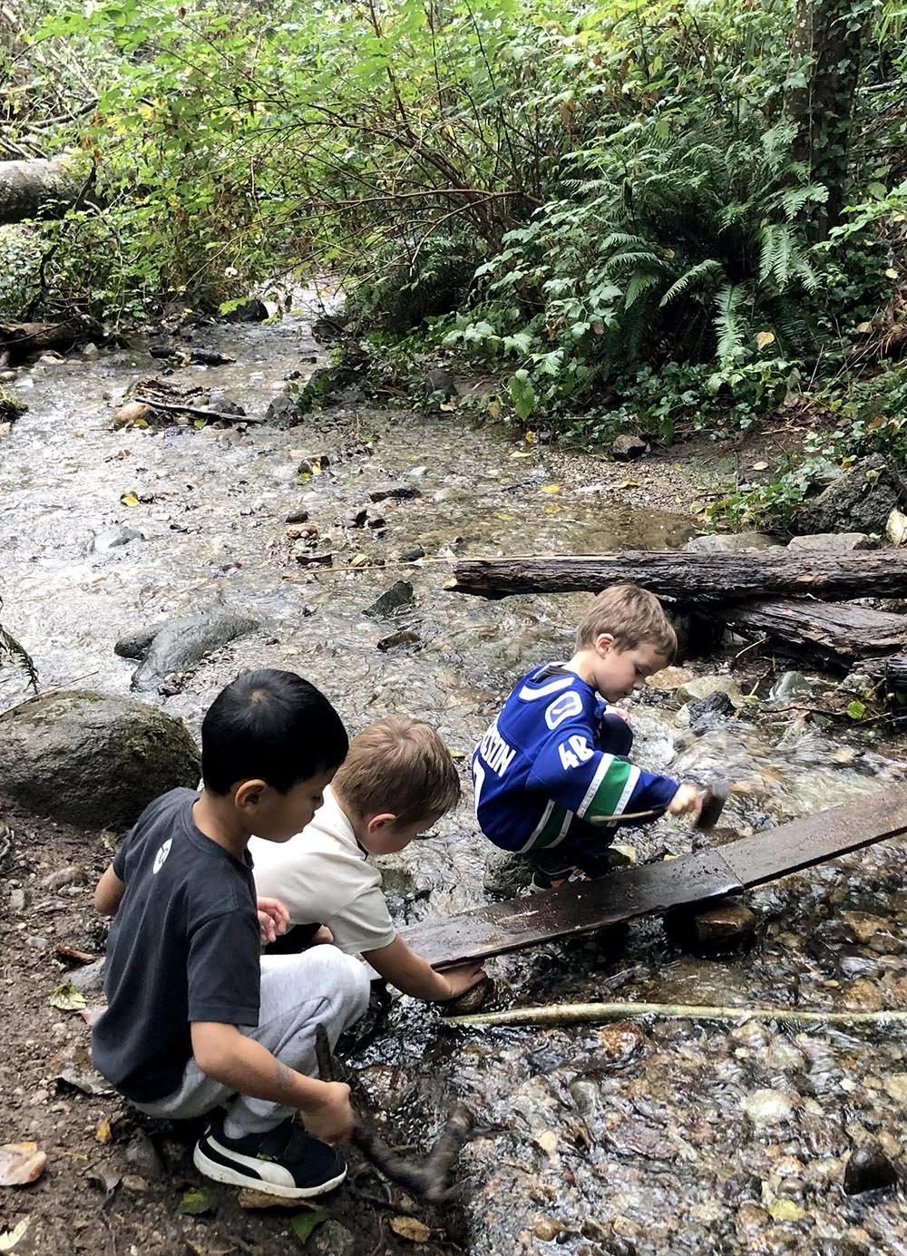 Three children playing by a small stream in a forest, one child is sitting on a wooden plank touching the water, while the other two are kneeling on the ground nearby.