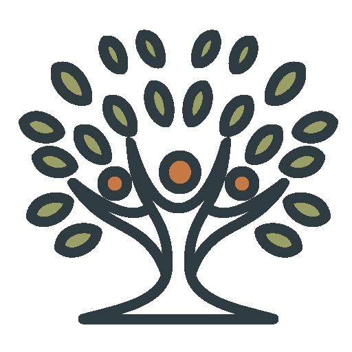 Illustration of a stylized tree with multiple branches and oval leaves, featuring three orange circles among the branches.