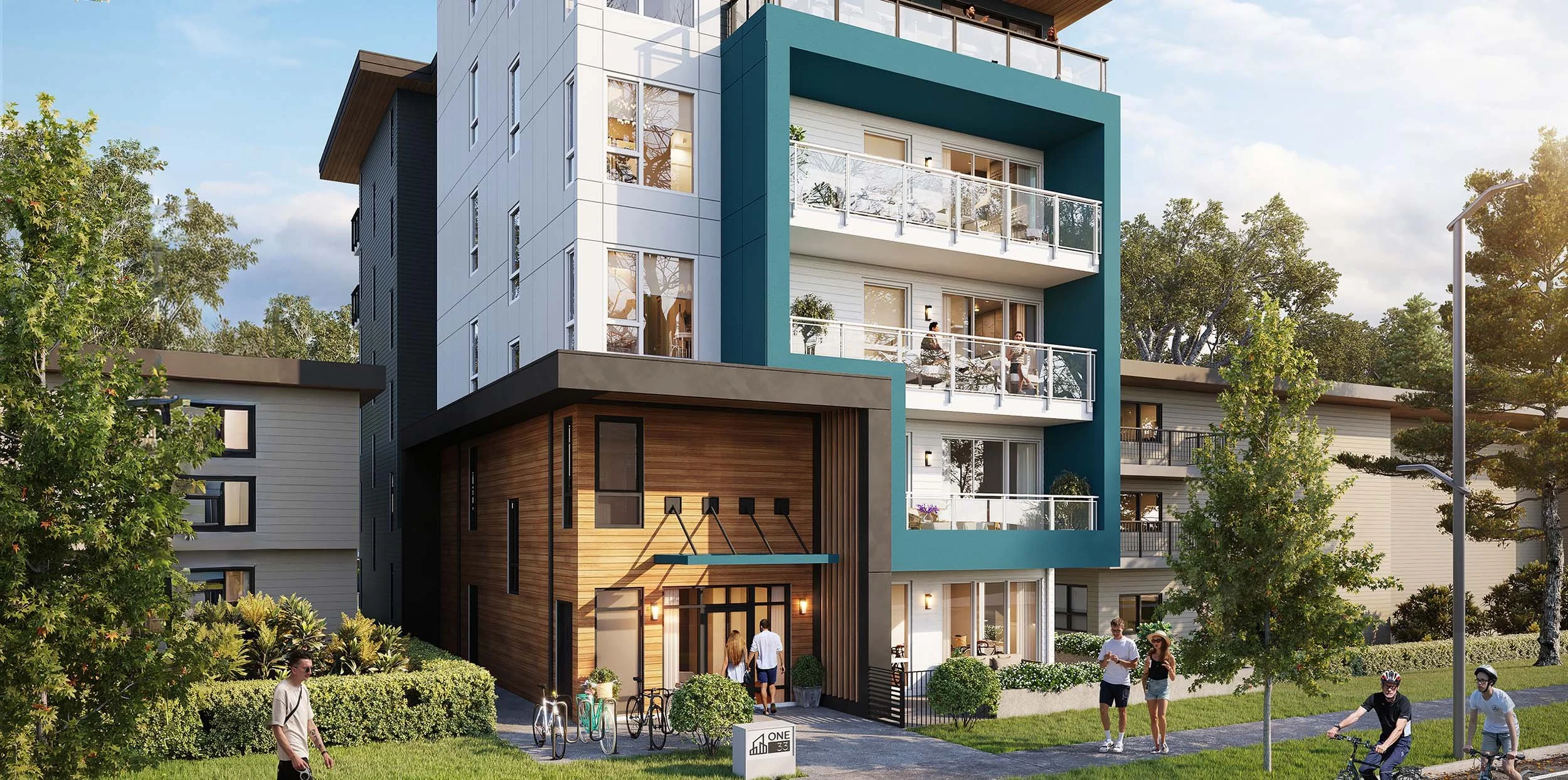 An architect's rendering of a modern multi-story apartment building with balconies, surrounded by greenery, with people walking and biking on the sidewalk. The site of Twig + Owl's newest Lolo childcare centre.