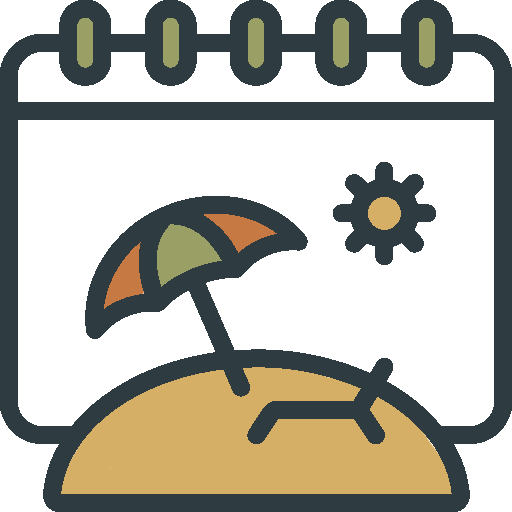 Calendar page with a beach scene including a sun, umbrella, and a lounge chair.