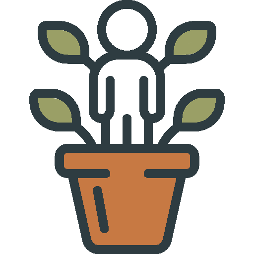 Illustration of a person growing from a potted plant with leaves.