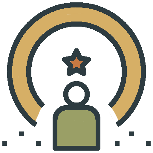 Icon of a person in front of a star and concentric circle design, representing achievement or recognition.