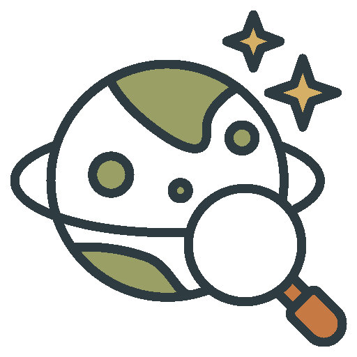 A cartoon illustration of a planet with rings and craters, a magnifying glass examining it, and stars in the background.