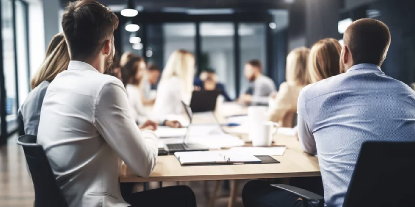 Business meeting with people sitting around a conference table in a modern office.