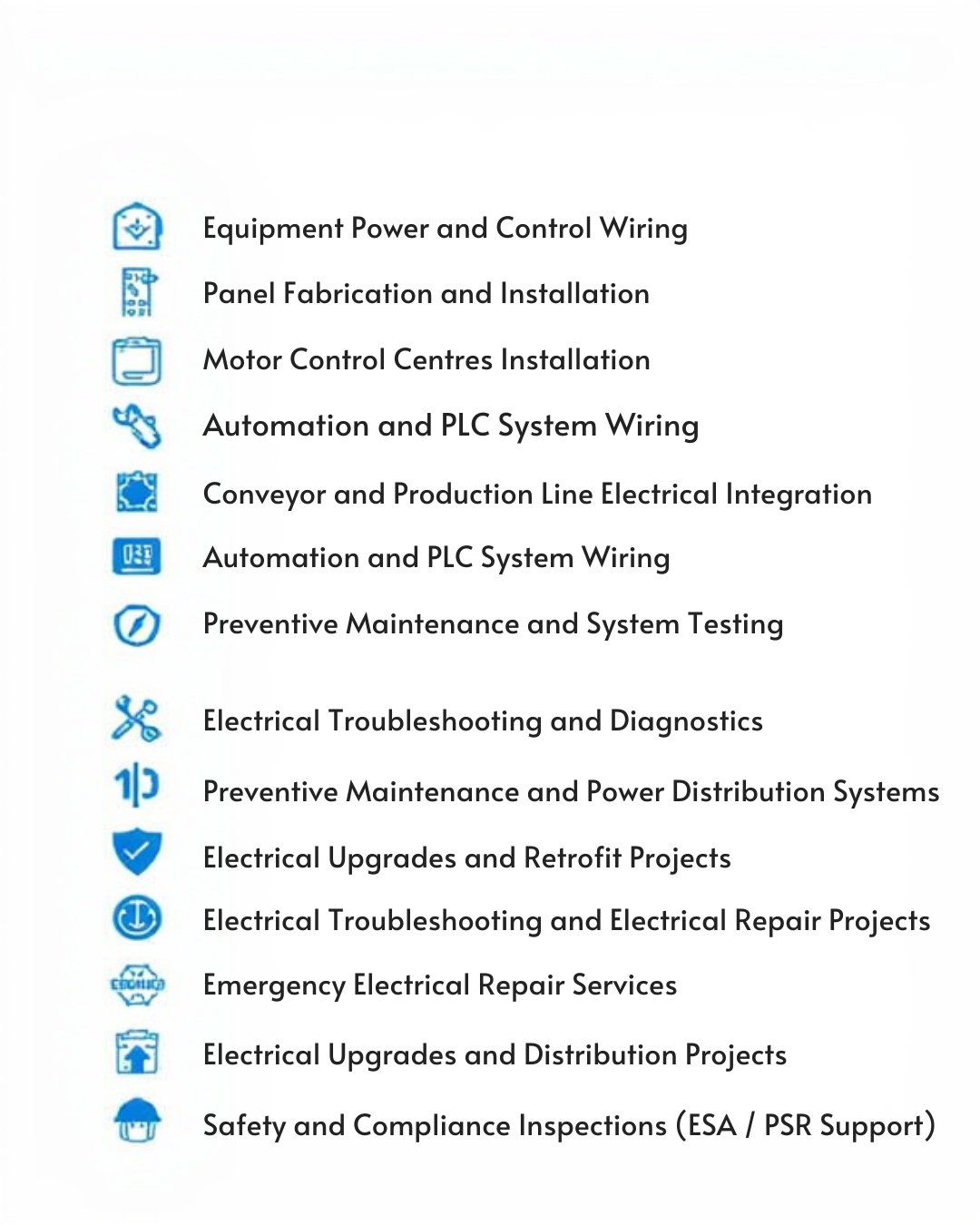 A list of technical services related to electrical and control systems, each associated with a blue icon, including equipment wiring, panel installation, motor control, automation, conveyor integration, maintenance, troubleshooting, upgrades, emergency services, and safety inspections.